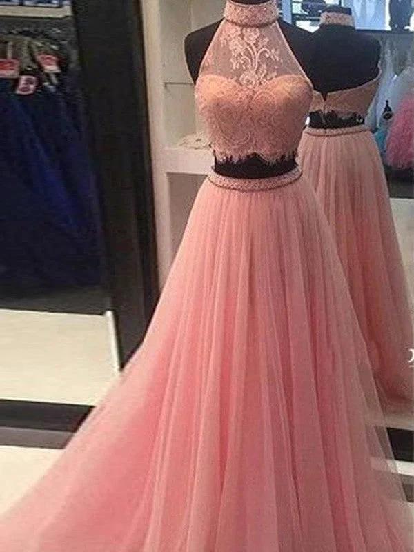A-Line/Elegant Sleeveless High Neck Tulle Lace Floor-Length Two Piece Prom Dresses by misshow.com