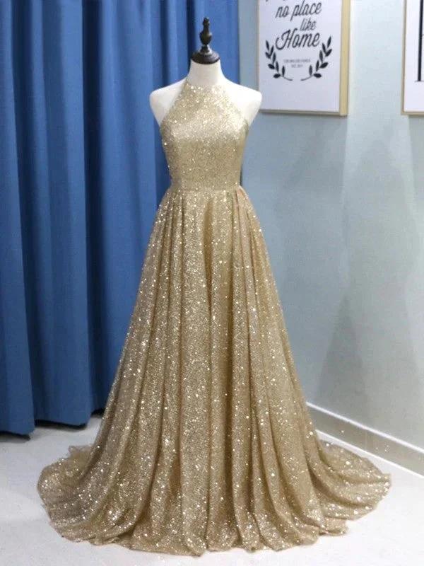 A-Line/Elegant Sleeveless Jewel Ruffles Sequins Prom Dresses by misshow.com
