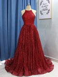 A-Line/Elegant Sleeveless Jewel Ruffles Sequins Prom Dresses by misshow.com