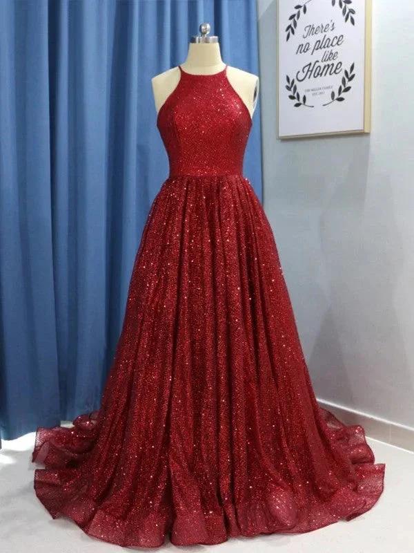 A-Line/Elegant Sleeveless Jewel Ruffles Sequins Prom Dresses by misshow.com