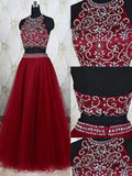 A-Line/Elegant Sleeveless Jewel Tulle Beading Floor-Length Two Piece Prom Dresses by misshow.com