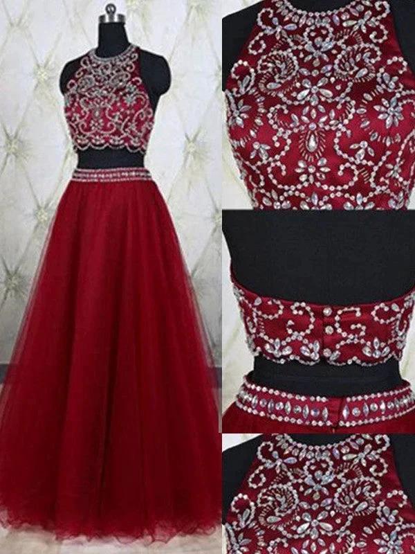 A-Line/Elegant Sleeveless Jewel Tulle Beading Floor-Length Two Piece Prom Dresses by misshow.com
