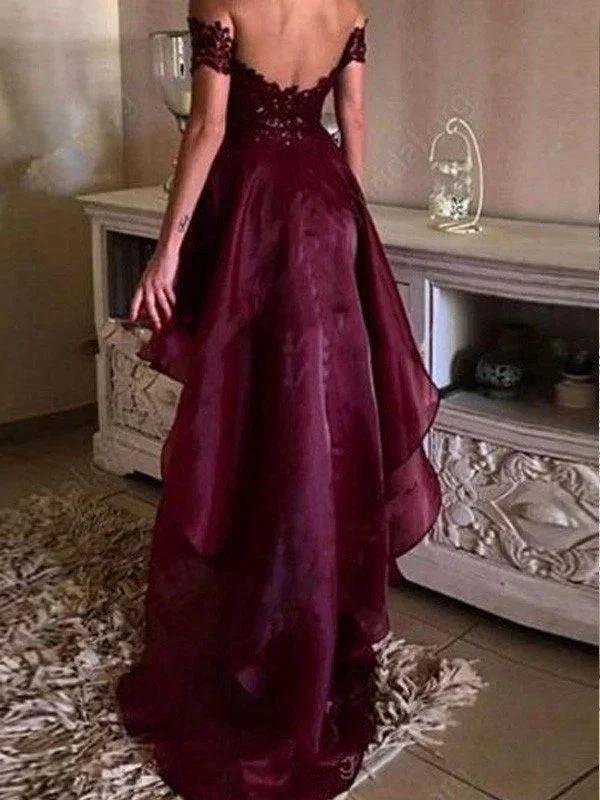 A-Line/Elegant Sleeveless Off-the-Shoulder Asymmetrical Applique Organza Prom Dresses by misshow.com