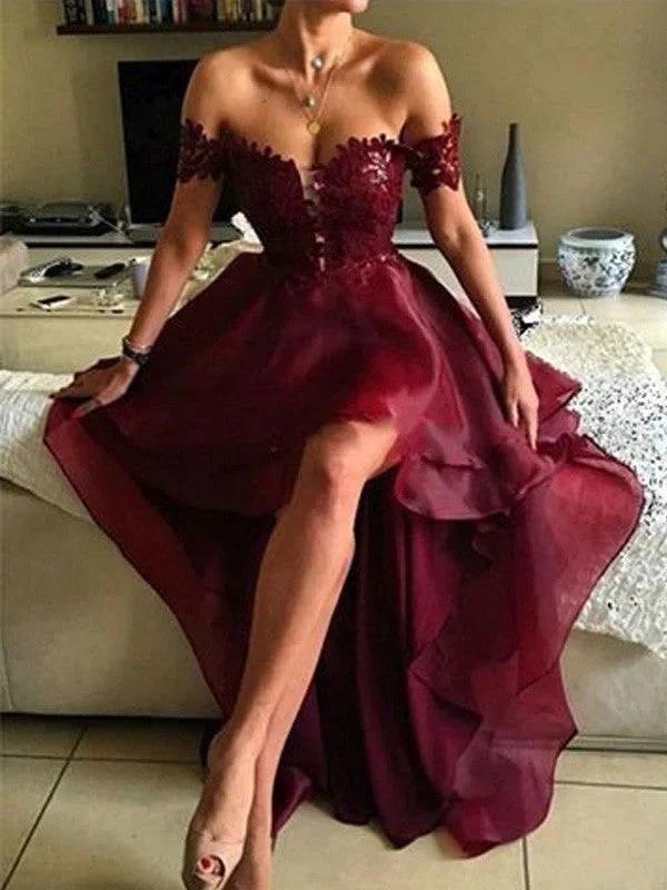 A-Line/Elegant Sleeveless Off-the-Shoulder Asymmetrical Applique Organza Prom Dresses by misshow.com