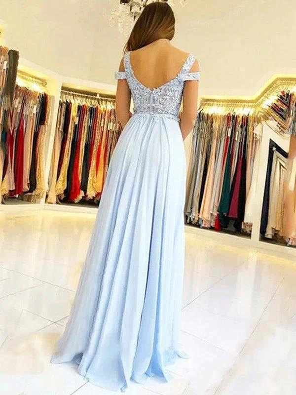 A-Line/Elegant Sleeveless Off-the-Shoulder Floor-Length Applique Chiffon Prom Dresses by misshow.com