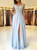A-Line/Elegant Sleeveless Off-the-Shoulder Floor-Length Applique Chiffon Prom Dresses by misshow.com
