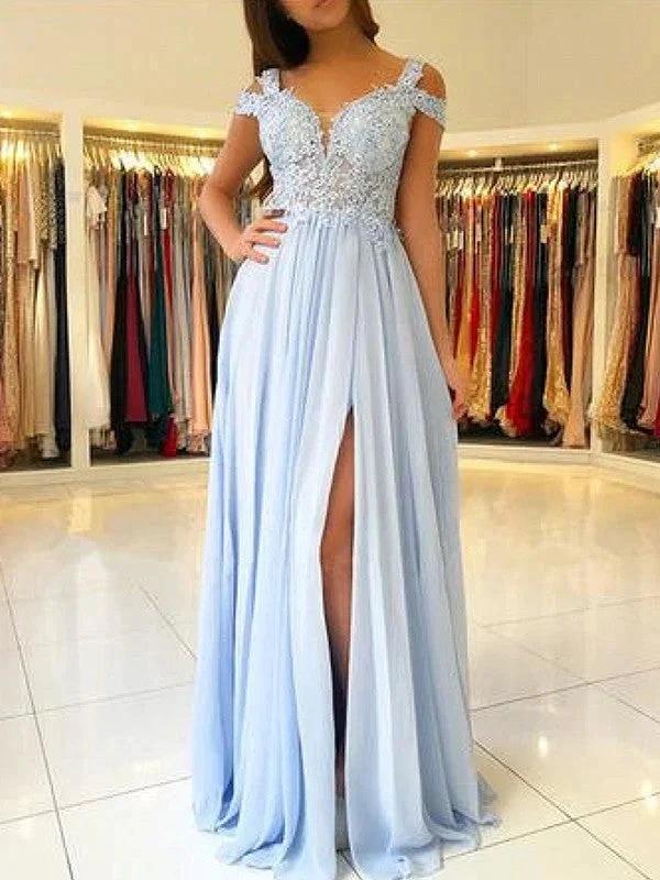 A-Line/Elegant Sleeveless Off-the-Shoulder Floor-Length Applique Chiffon Prom Dresses by misshow.com