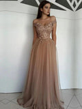 A-Line/Elegant Sleeveless Off-the-Shoulder Floor-Length Applique Tulle Prom Dresses by misshow.com