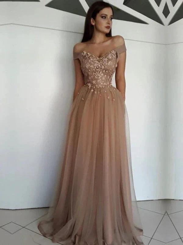 A-Line/Elegant Sleeveless Off-the-Shoulder Floor-Length Applique Tulle Prom Dresses by misshow.com