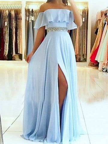 A-Linie/Elegant Ärmellos Off-the-Shoulder Bodenlang Perlen verziert Chiffon Ballkleider