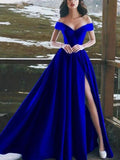 A-Line/Elegant Sleeveless Off-the-Shoulder Floor-Length Ruffles Satin Prom Dresses by misshow.com