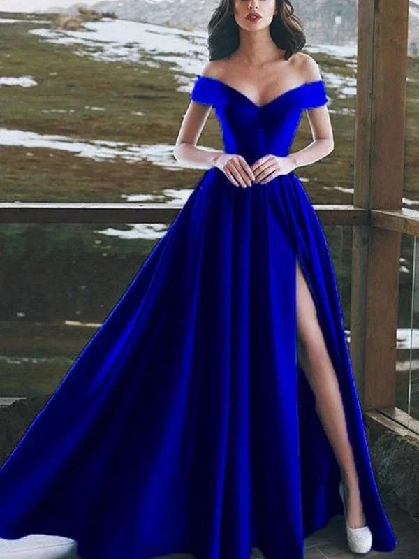 A-Line/Elegant Sleeveless Off-the-Shoulder Floor-Length Ruffles Satin Prom Dresses by misshow.com