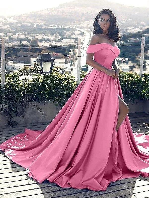 A-Line/Elegant Sleeveless Off-the-Shoulder Ruffles Satin Court Train Prom Dresses by misshow.com