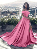 A-Line/Elegant Sleeveless Off-the-Shoulder Ruffles Satin Court Train Prom Dresses by misshow.com