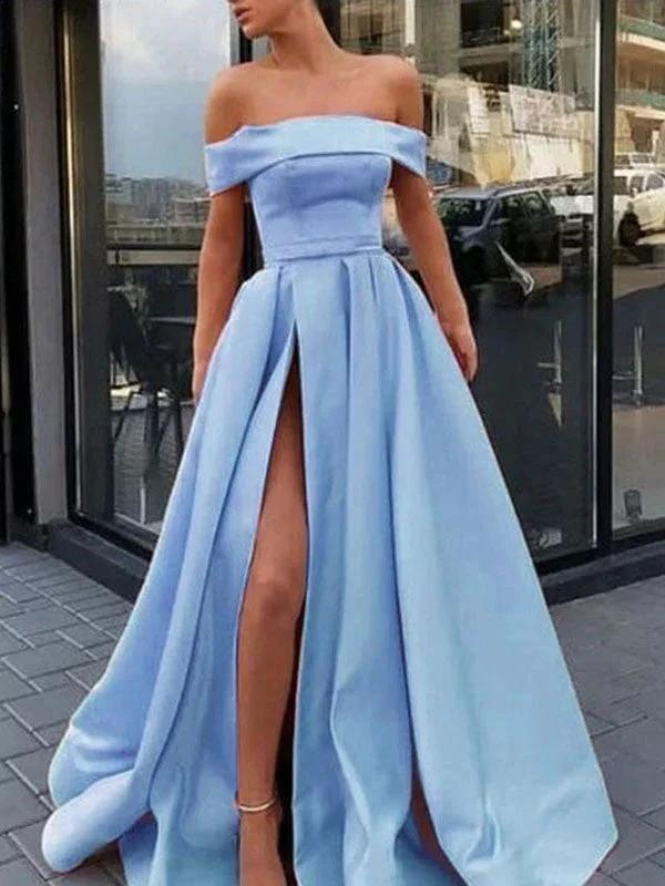 A-Line/Elegant Sleeveless Off-the-Shoulder Ruffles Satin Prom Dresses by misshow.com