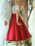 A-Line Elegant Sleeveless Off-the-Shoulder Satin Lace Knee Length Two Piece Prom Dresses by misshow.com