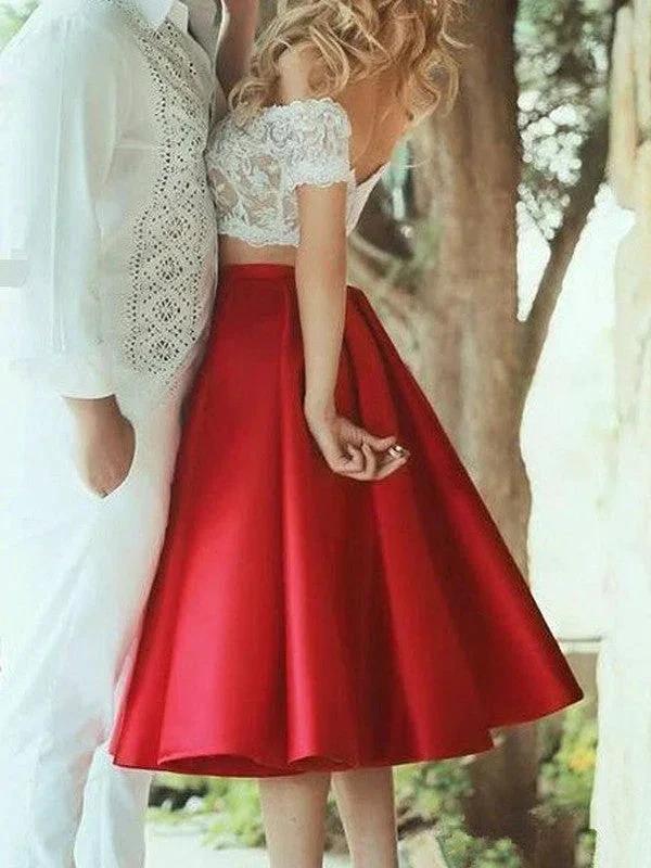 A-Line Elegant Sleeveless Off-the-Shoulder Satin Lace Knee Length Two Piece Prom Dresses by misshow.com