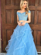 A-Line/Elegant Sleeveless Off-the-Shoulder Tulle Applique Floor-Length Two Piece Prom Dresses by misshow.com