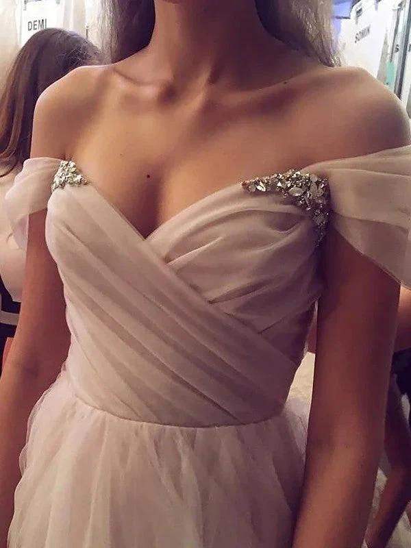 A-Line/Elegant Sleeveless Off-the-Shoulder Tulle Beading Prom Dresses by misshow.com