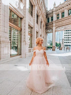 A-Line/Elegant Sleeveless Off-the-Shoulder Tulle Beading Prom Dresses by misshow.com