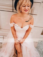 A-Line/Elegant Sleeveless Off-the-Shoulder Tulle Beading Prom Dresses by misshow.com