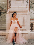 A-Line/Elegant Sleeveless Off-the-Shoulder Tulle Beading Prom Dresses by misshow.com