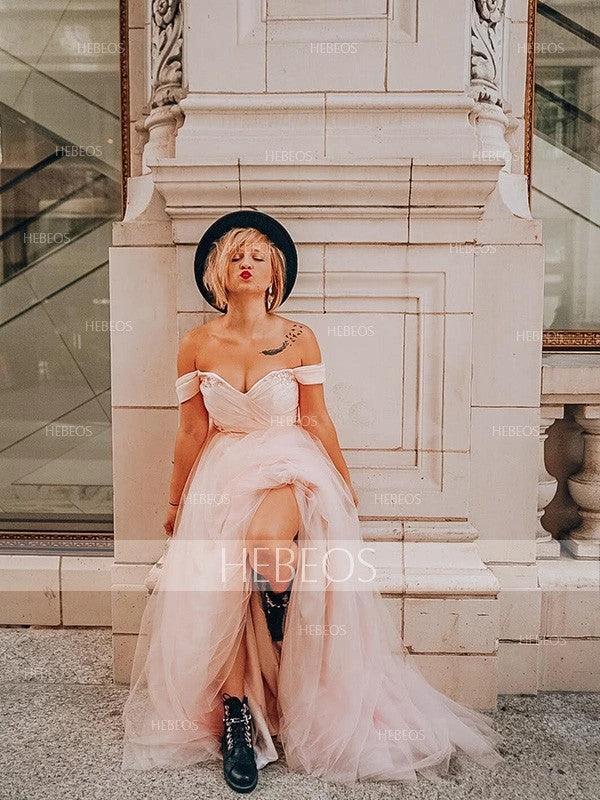 A-Line/Elegant Sleeveless Off-the-Shoulder Tulle Beading Prom Dresses by misshow.com