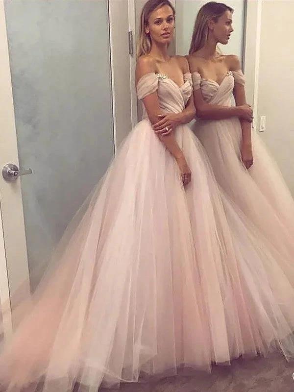 A-Line/Elegant Sleeveless Off-the-Shoulder Tulle Beading Prom Dresses by misshow.com