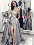 A-Line/Elegant Sleeveless One-Shoulder Applique Satin Prom Dresses by misshow.com