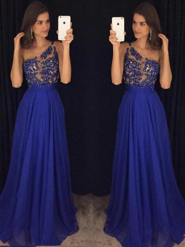 A-Line/Elegant Sleeveless One-Shoulder Floor-Length Beading Chiffon Prom Dresses by misshow.com
