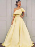 A-Line/Elegant Sleeveless One-Shoulder Floor-Length Ruffles Satin Prom Dresses by misshow.com