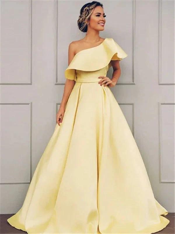 A-Line/Elegant Sleeveless One-Shoulder Floor-Length Ruffles Satin Prom Dresses by misshow.com
