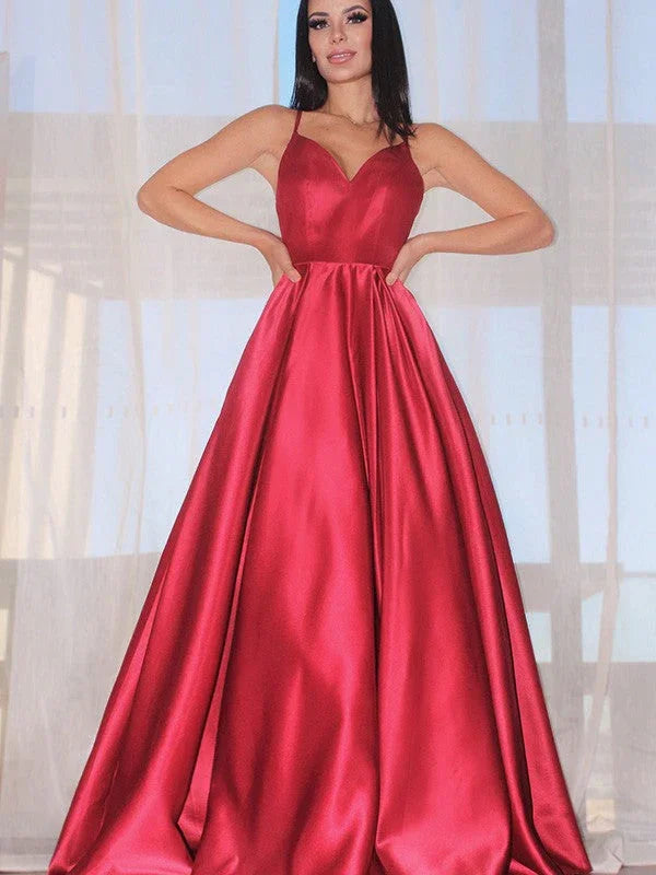 A-Line/Elegant Sleeveless Ruffles V-neck Satin Floor-Length Prom Dresses by misshow.com