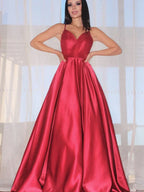 A-Line/Elegant Sleeveless Ruffles V-neck Satin Floor-Length Prom Dresses by misshow.com