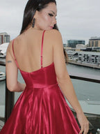 A-Line/Elegant Sleeveless Ruffles V-neck Satin Floor-Length Prom Dresses by misshow.com