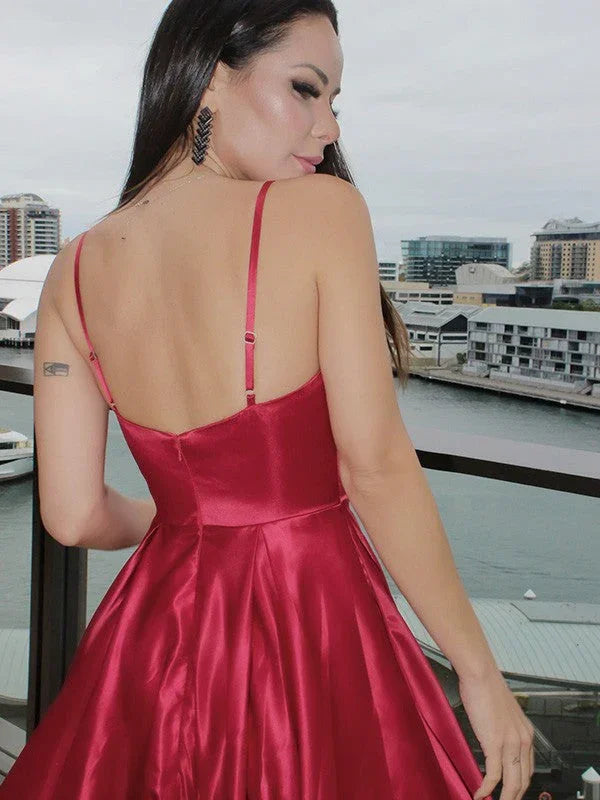 A-Line/Elegant Sleeveless Ruffles V-neck Satin Floor-Length Prom Dresses by misshow.com