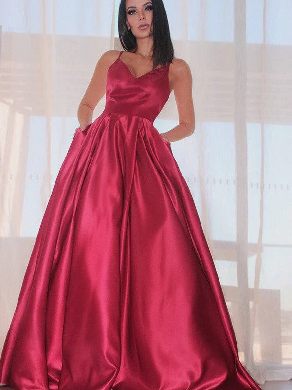 A-Line/Elegant Sleeveless Ruffles V-neck Satin Floor-Length Prom Dresses by misshow.com