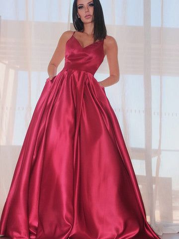 A-Linie/Elegant Ärmellos Rüschen V-Ausschnitt Satin Bodenlang Abiballkleider