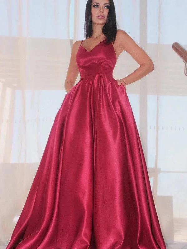 A-Line/Elegant Sleeveless Ruffles V-neck Satin Floor-Length Prom Dresses by misshow.com