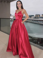 A-Line/Elegant Sleeveless Ruffles V-neck Satin Floor-Length Prom Dresses by misshow.com