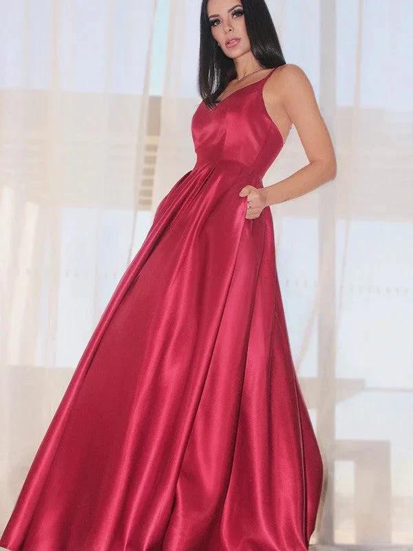 A-Line/Elegant Sleeveless Ruffles V-neck Satin Floor-Length Prom Dresses by misshow.com