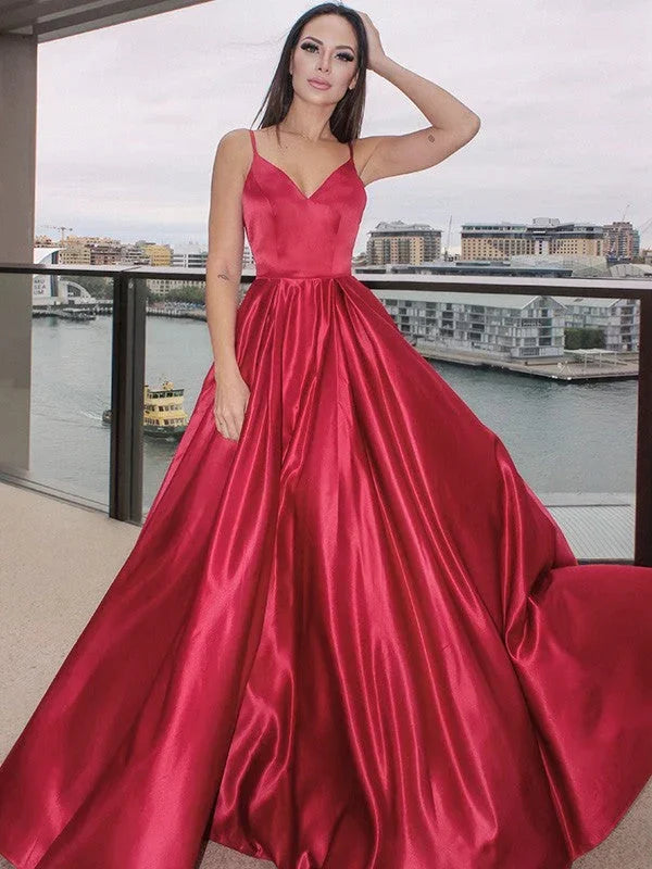 A-Line/Elegant Sleeveless Ruffles V-neck Satin Floor-Length Prom Dresses by misshow.com