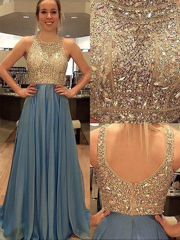 A-Line/Elegant Sleeveless Scoop Chiffon Beading Prom Dresses by misshow.com