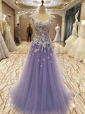 A-Line/Elegant Sleeveless Scoop Floor-Length Applique Tulle Prom Dresses by misshow.com
