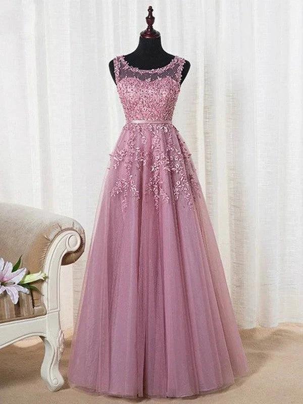 A-Line/Elegant Sleeveless Scoop Floor-Length Tulle Beading Prom Dresses by misshow.com