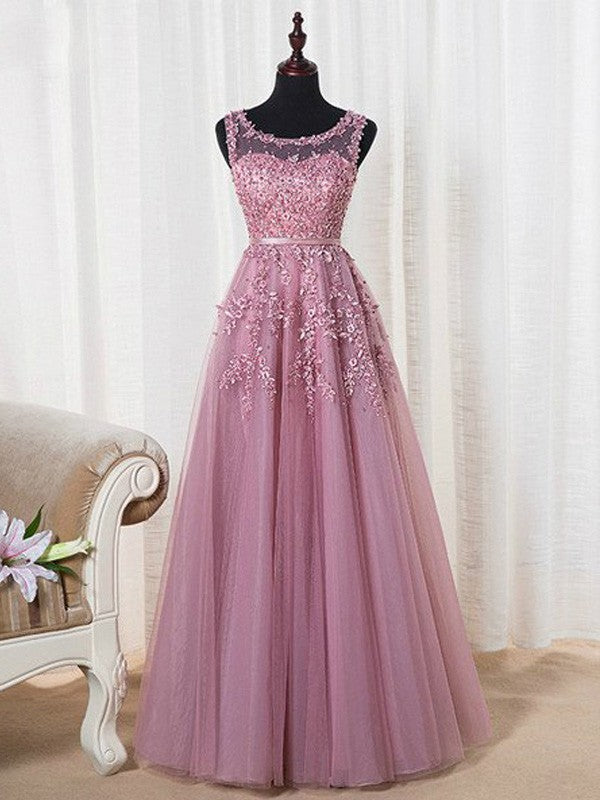 A-Line/Elegant Sleeveless Scoop Floor-Length Tulle Beading Prom Dresses Main Image