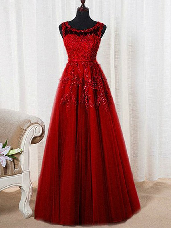 A-Line/Elegant Sleeveless Scoop Floor-Length Tulle Beading Prom Dresses Hover Image