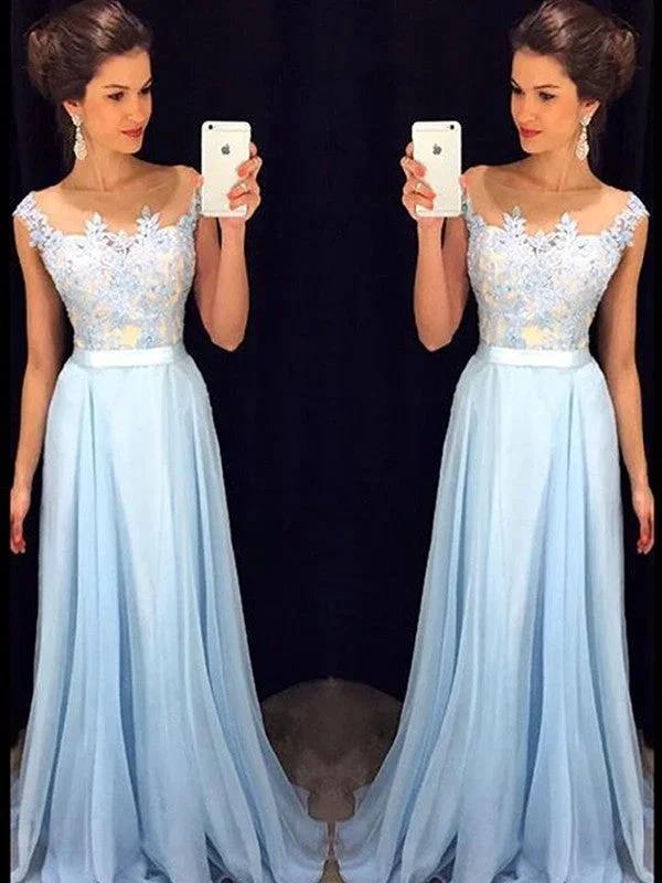 A-Line/Elegant Sleeveless Sheer Neck Applique Chiffon Prom Dresses by misshow.com