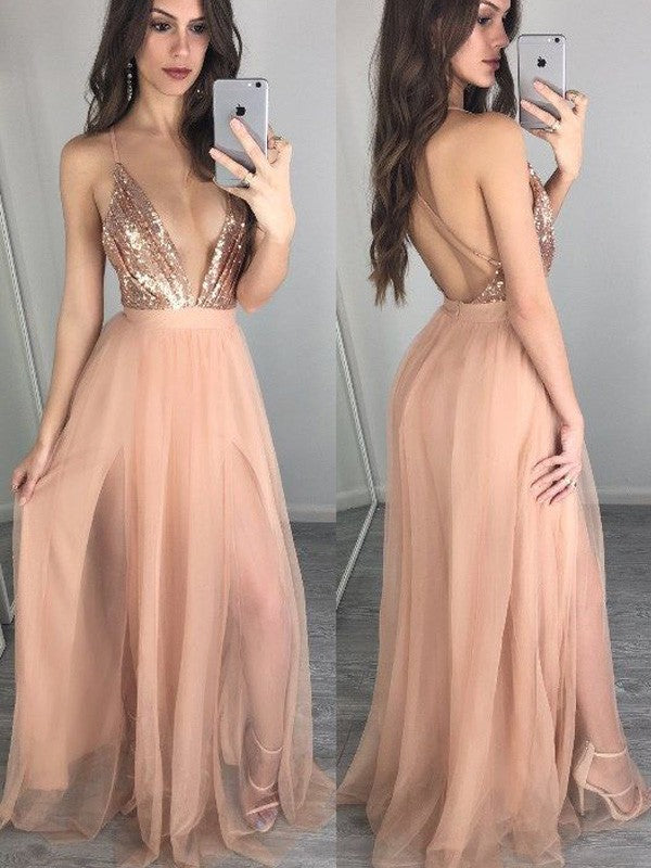 A-Line/Elegant Sleeveless Spaghetti Straps Chiffon Floor-Length Sequin Prom Dresses Hover Image