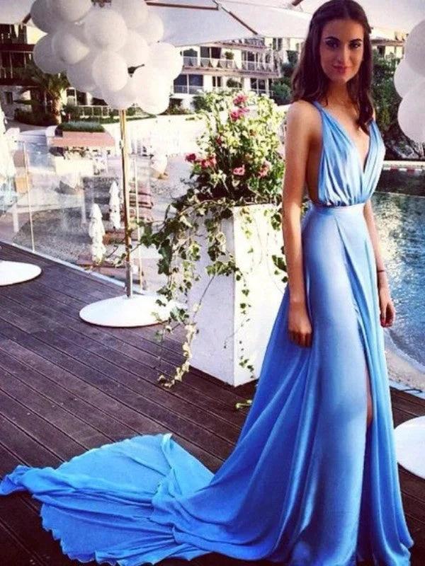 A-Line/Elegant Sleeveless Spaghetti Straps Chiffon Pleats Court Train Prom Dresses by misshow.com